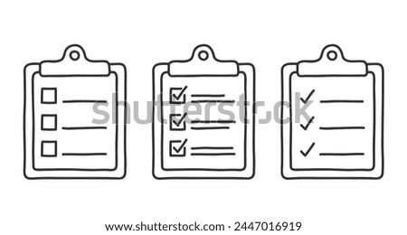 Clipboards with check boxes, check list icons, hand drawn doodle style, vector eps10 illustration