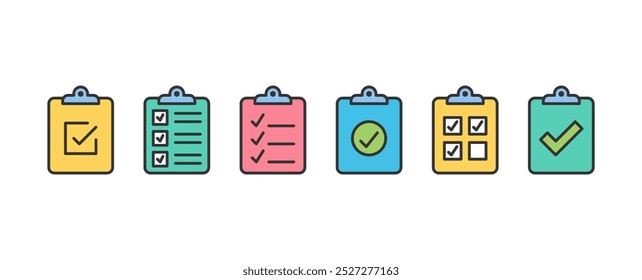 Clipboards with check list - flat colored line icons set, editable stroke, vector eps10 illustration