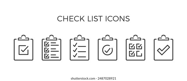 Clipboards with check list - flat line icons set, pixel perfect, editable stroke, vector eps10 illustration