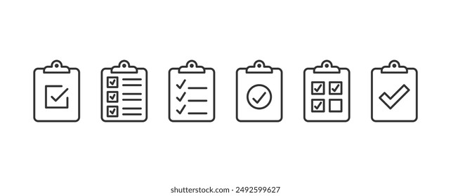 Clipboards with check list - flat line icons set, pixel perfect, editable stroke, vector eps10 illustration