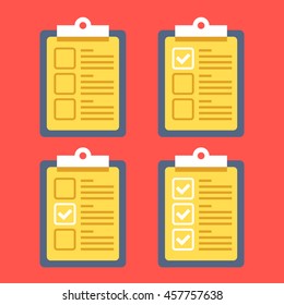 Clipboards and check marks set. Flat design vector illustration isolated on red background