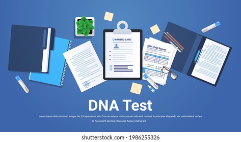 clipboards documents folders with genetic DNA tests and reports clinic medical treatment research and testing