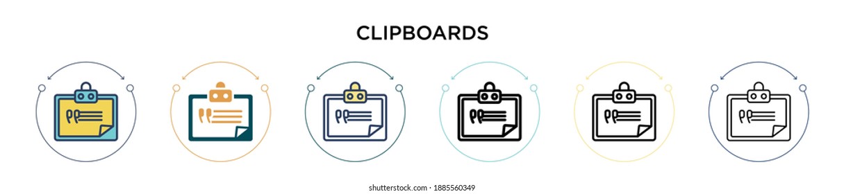 Clipboard-Icon in vollem, dünnen Linie, Umriss und Strich-Stil. Vektorgrafik von zwei farbigen und schwarzen Clipboards Vektorsymbole, die für mobile, iPhone-, web-basierte