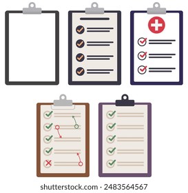Clipboards with paper sheets flat icon set isolated on white background.