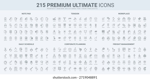 Clipboards with pen and documents to edit data, corporate workplace, business planning, cargo line icon set. Stress tension symptoms, daily life plan thin black outline symbols vector illustration