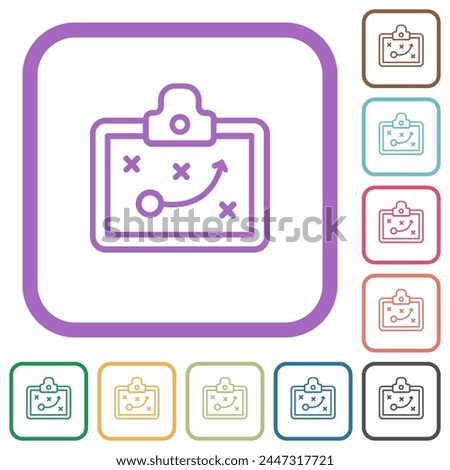 Clipbord game plan outline simple icons in color rounded square frames on white background