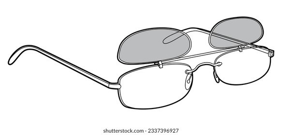 Clip-on Rimless frame glasses fashion accessory illustration. Sunglass 3-4 view for Men, women silhouette style, flat rim spectacles eyeglasses with lens sketch outline isolated on white background