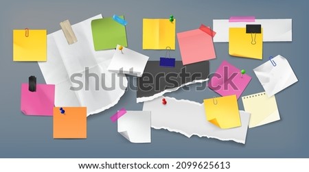 Clipped paper note. Realistic paper memo sheet with pins, white notepad page, square blank empty notice and banner. Vector sticky set
