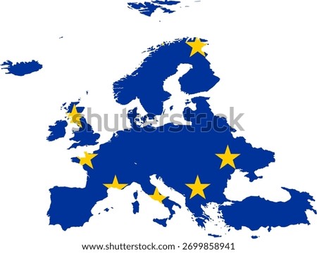 Clipped vector flag map of the European Union with 27 stars in a circle representing unity and harmony among member states, symbolizing cooperation and shared values