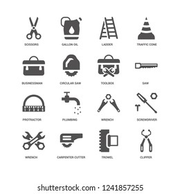 Clipper, Circular saw, Scissors, Gallon Oil, Screwdriver, Wrench, Plumbing, Trowel icon 16 set EPS 10 vector format. Icons optimized for both large and small resolutions.