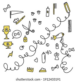 Clipper, Hair Dryer, Cups And Other Dog Items. Doodle Icon. Vector Illustration Of A Grooming Tools. Editable Element.