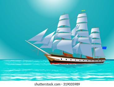 Clipper sailing tall ship in the sea, vector illustration