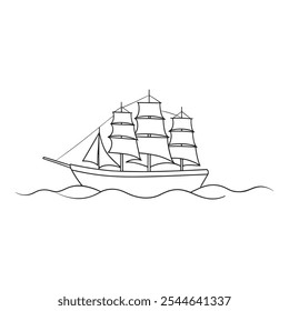 
Clipper Ship Water Transport isolated continuous line art flat vector illustration on white background.