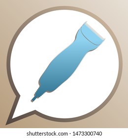 Clipper sign illustration. Bright cerulean icon in white speech balloon at pale taupe background. Illustration.