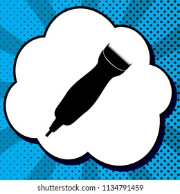 Clipper sign illustration. Vector. Black icon in bubble on blue pop-art background with rays.