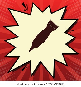 Clipper sign illustration. Vector. Dark red icon in lemon chiffon shutter bubble at red popart background with rays.