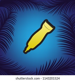 Clipper sign illustration. Vector. Golden icon with black contour at blue background with branches of palm trees.