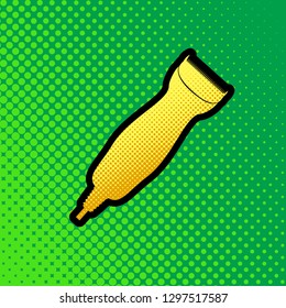 Clipper sign illustration. Vector. Pop art orange to yellow dots-gradient icon with black contour at greenish background.