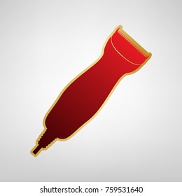 Clipper sign illustration. Vector. Red icon on gold sticker at light gray background.