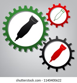 Clipper sign illustration. Vector. Three connected gears with icons at grayish background.