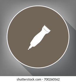 Clipper sign illustration. Vector. White icon on brown circle with white contour and long shadow at gray background. Like top view on postament.