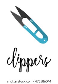 Clippers with caption. Sewing tool isolated on white background