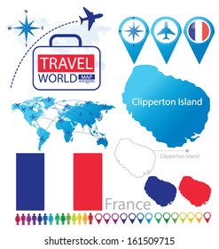 Clipperton Island. France. flag. World Map. Travel vector Illustration.