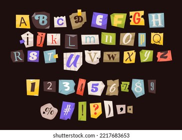 Clipping alphabet and numbers. Anonymous letters cut from magazines. Cut Letters. Vector font
