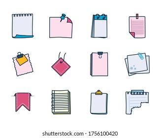 clips and notes, messages icon set over white background, line and fill style, vector illustration