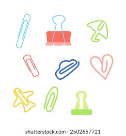 Conjunto de Clips aislados en blanco.  Accesorios para libros de papel y cuadernos. Ilustración vectorial EPS 10