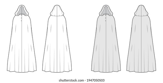 Cloak coat technical fashion illustration with hood, oversized trapeze body, floor maxi length, button closure. Flat jacket template front, back, white, grey color. Women, men, unisex top CAD mockup