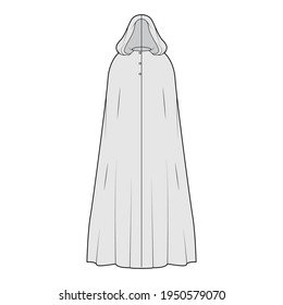 Cloak coat technical fashion illustration with hood, oversized trapeze body, floor maxi length, button closure. Flat jacket template front, grey color style. Women, men, unisex top CAD mockup