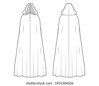 Cloak coat technical fashion illustration with hood, oversized trapeze body, floor maxi length, button closure. Flat jacket template front, back, white color style. Women, men, unisex top CAD mockup