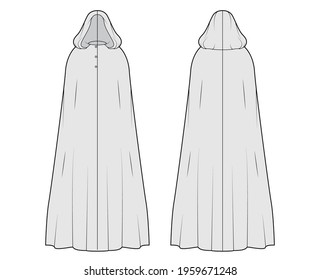 Cloak coat technical fashion illustration with hood, oversized trapeze body, floor maxi length, button closure. Flat jacket template front, back, grey color style. Women, men, unisex top CAD mockup