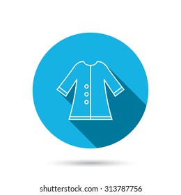 Cloak icon. Protection jacket outerwear sign. Gardening clothes symbol. Blue flat circle button with shadow. Vector