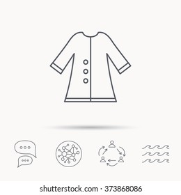 Cloak icon. Protection jacket outerwear sign. Gardening clothes symbol. Global connect network, ocean wave and chat dialog icons. Teamwork symbol.