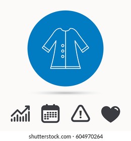 Cloak icon. Protection jacket outerwear sign. Gardening clothes symbol. Calendar, attention sign and growth chart. Button with web icon. Vector