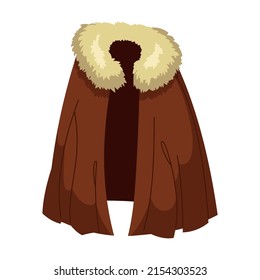 Cloak of magic character with fur collar. Vector illustration of clothes flying on wind. Cartoon Dracula cloak, superhero cape with hood isolated on white