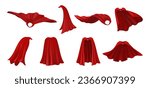 Cloak shoulders covering, isolated set of clothing in realistic design. Costume or suit outfit. Red manteau, cape or mantle part of apparel. Vector superhero costume, rescue coat of satin