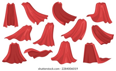 Cloak shoulders covering, isolated set of clothing. Costume or suit outfit. Red manteau, cape or mantle part of apparel. Vector in flat cartoon illustration