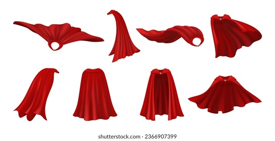 Cloak shoulders covering, isolated set of clothing in realistic design. Costume or suit outfit. Red manteau, cape or mantle part of apparel. Vector superhero costume, rescue coat of satin