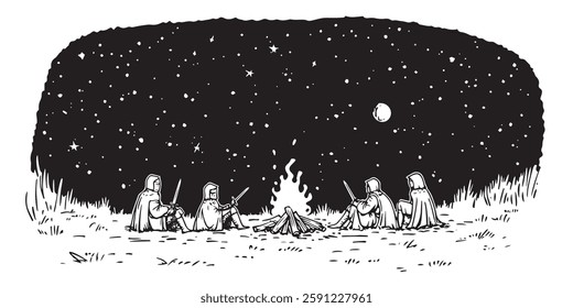 cloaked figures sitting around campfire under starry sky in sketch style