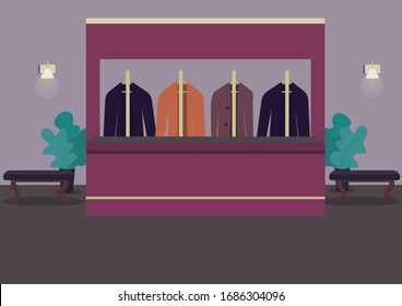 Cloakroom flat color vector illustration. Wardrobe to pick belongings. Theater hall. Restaurant lobby. Suits on hangers. Casino room 2D cartoon interior with receptionist counter on background