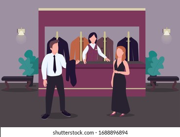 Cloakroom flat color vector illustration. Man in formal suit. Woman in elegant dress. Casino hall. Establishment lobby. Wardrobe 2D cartoon characters in interior with receptionist on background