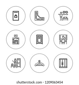 Cloakroom icon set. collection of 9 outline cloakroom icons with changing room, closet, dressing room, hanger, locker icons. editable icons.