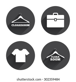 Cloakroom icons. Hanger wardrobe signs. T-shirt clothes and baggage symbols. Circles buttons with long flat shadow. Vector