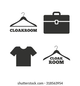 Cloakroom icons. Hanger wardrobe signs. T-shirt clothes and baggage symbols. Flat icons on white. Vector