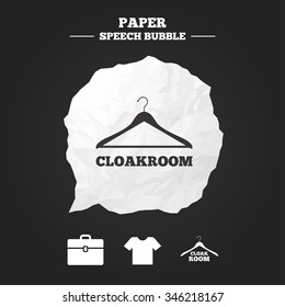 Cloakroom icons. Hanger wardrobe signs. T-shirt clothes and baggage symbols. Paper speech bubble with icon.