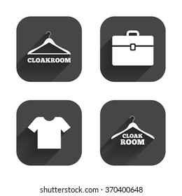 Cloakroom icons. Hanger wardrobe signs. T-shirt clothes and baggage symbols. Square flat buttons with long shadow.