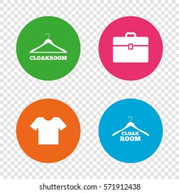 Cloakroom icons. Hanger wardrobe signs. T-shirt clothes and baggage symbols. Round buttons on transparent background. Vector